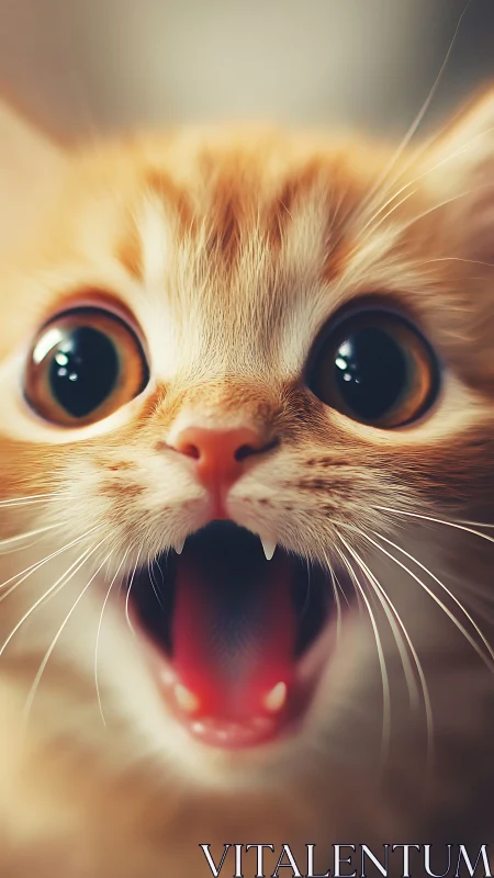 Wide-eyed ginger kitten yawn captured in soft warm focus.