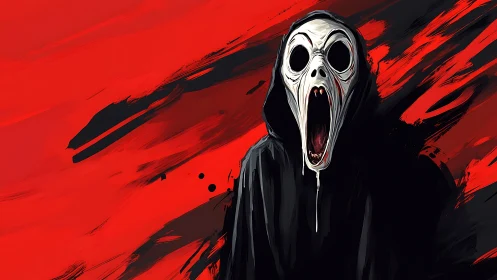 Hooded skeletal figure on red and black abstract ground.