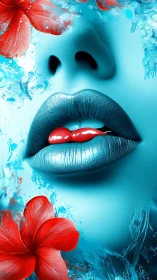 Icy blue lips cradle vivid red petals in bold contrast