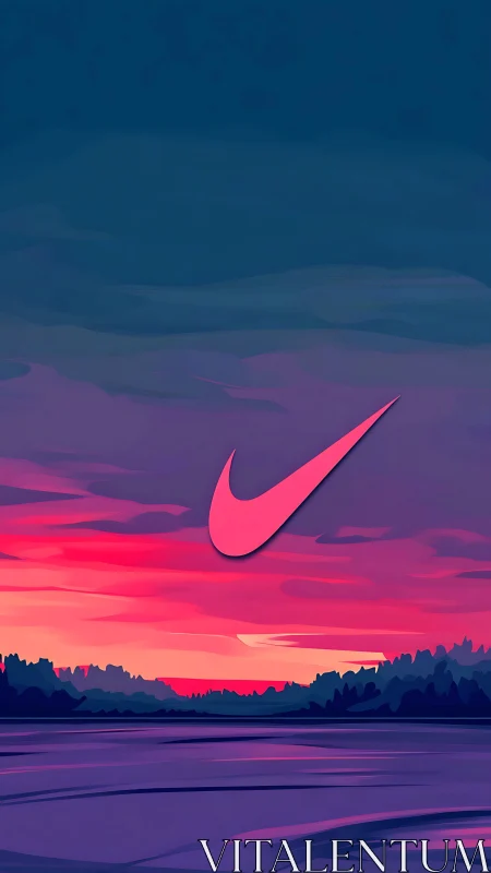 Neon swoosh logo floats above a vivid sunset horizon
