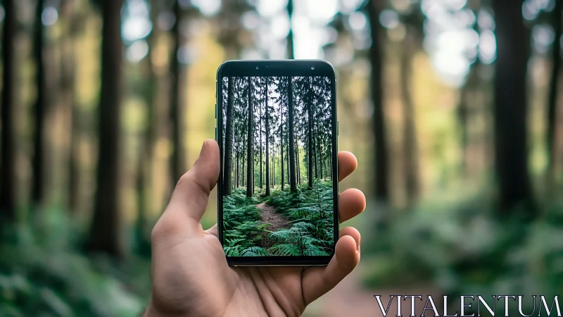 Hand holding smartphone displaying forest path