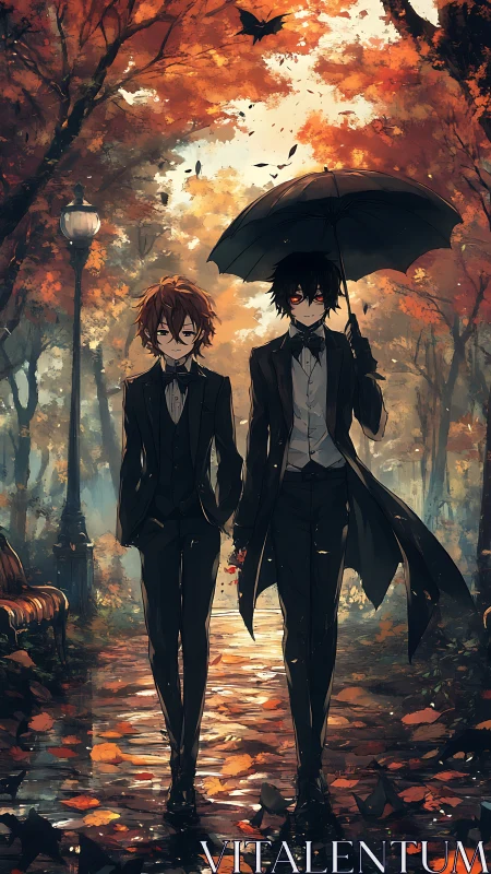 Two suited figures traverse reflective autumn alley under umbrella