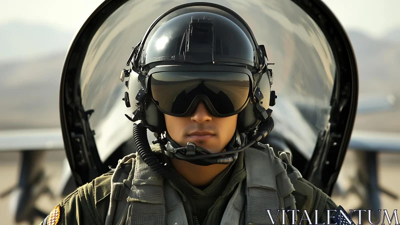 Jet pilot portrait in cockpit with flight gear on.