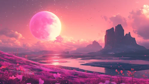 Oversized magenta moon illuminates stylized extraterrestrial valley