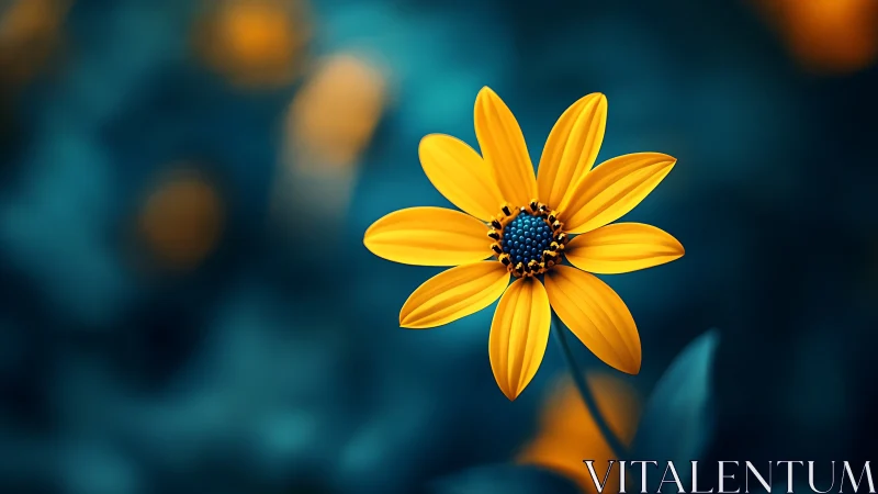 Yellow Flower with Dark Center Against Blurred Teal Background
