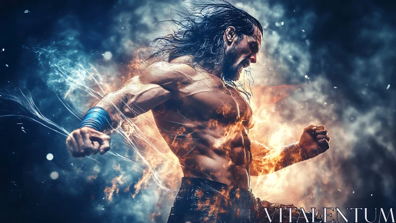 Flaming warrior roars as stormlit energy tears through night