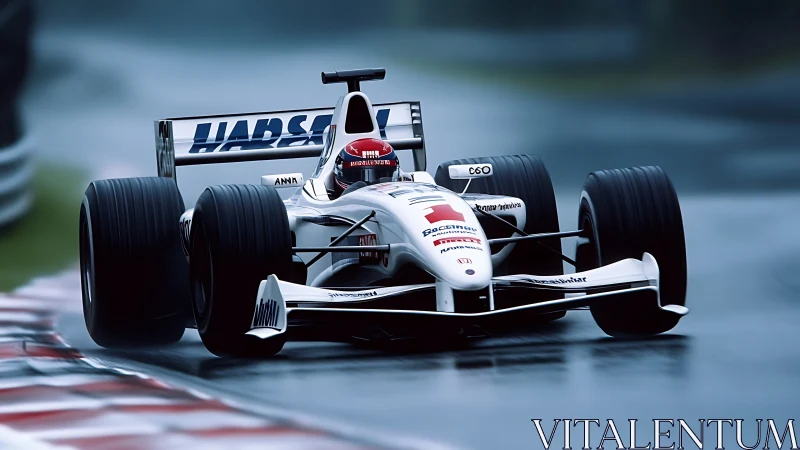 White Formula car cornering on wet circuit with pronounced aerodynamic load