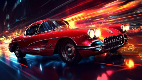 Crimson retro sports car blazing through neon city streets.