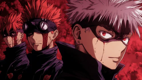 Masked anime warriors stare ahead against blood red sky