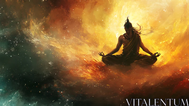 Cosmic monk levitating in stellar nebula of fire and shadow