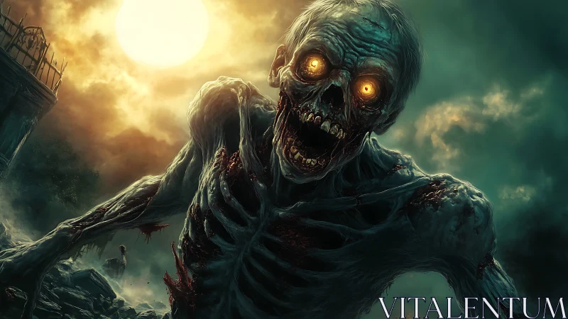 Sunlit horror stroll with a glowing-eyed skeletal ghoul.