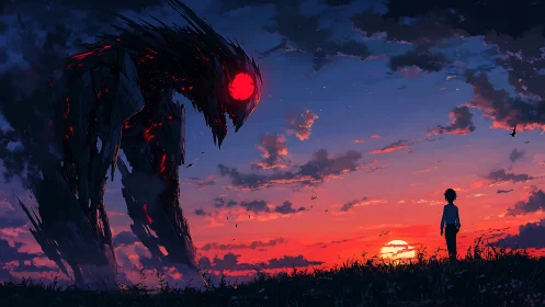 Sunset stand-off between lone boy and burning void titan.