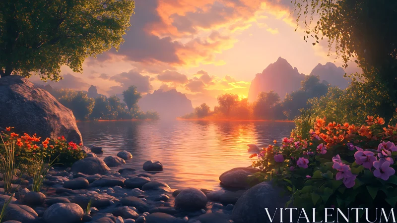 Sunlit river passes rocky shore and distant silhouetted peaks