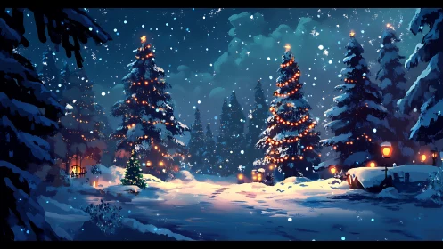 Snow-laden conifer forest shows illuminated festive trees at night