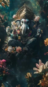 Gentle Ganesha seated in a dreamy forest of blossoms.