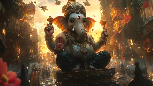 Detailed digital artwork of Ganesha in urban setting.