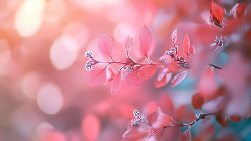 Macro study of pink foliage bathed in ethereal bokeh light.