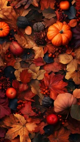High-detail autumn still life with pumpkins, apples, nuts, foliage