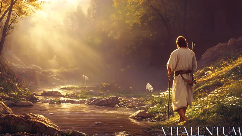 Shepherd walks a sunlit forest stream in tranquil silence.