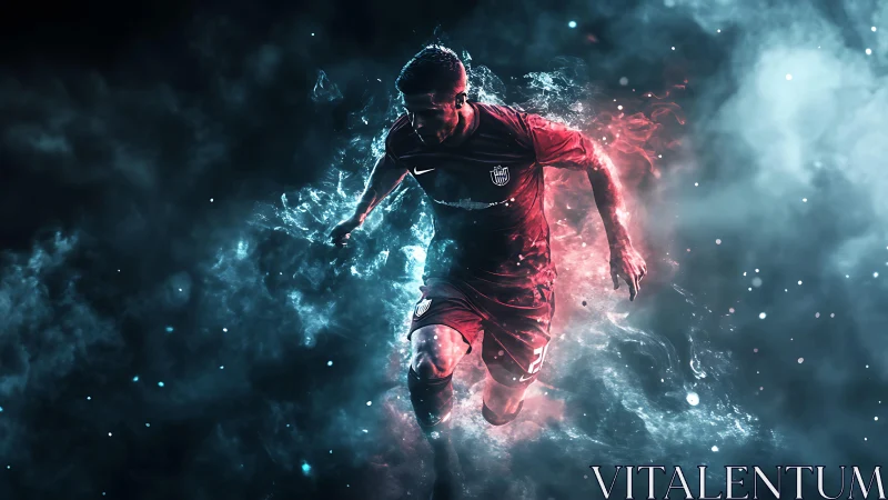 Digital soccer player sprint in glowing smoky energy field.