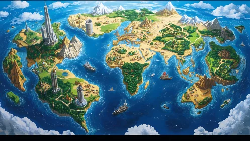 Whimsical fantasy world map brimming with seas and citadels.