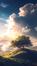 Solitary hillside tree illuminated by dramatic volumetric clouds
