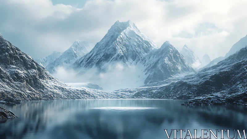 Quiet winter peaks mirrored on a glassy mountain lake.