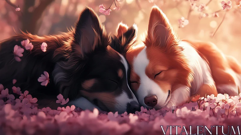 Two Dogs Resting in Blooming Pink Flowers.