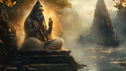 Meditating sage sits by reflective river facing distant temple