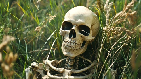 Human skull and upper skeleton partially exposed in tall grass