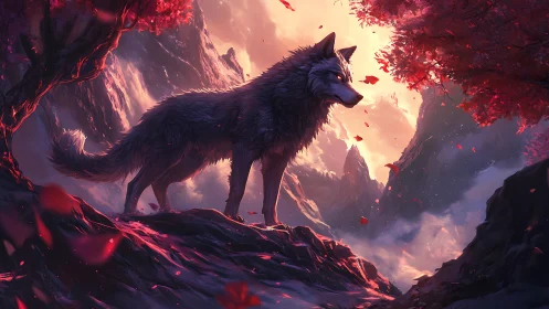 Lone wolf dominates crimson mountains at burning dawn.