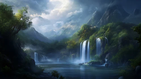 Misty emerald valley with gentle waterfalls and quiet light.