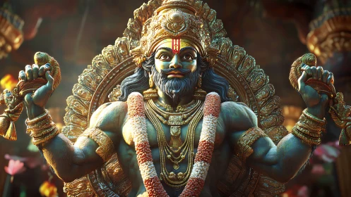 Digital rendering of blue-skinned Hindu deity statue in shrine.