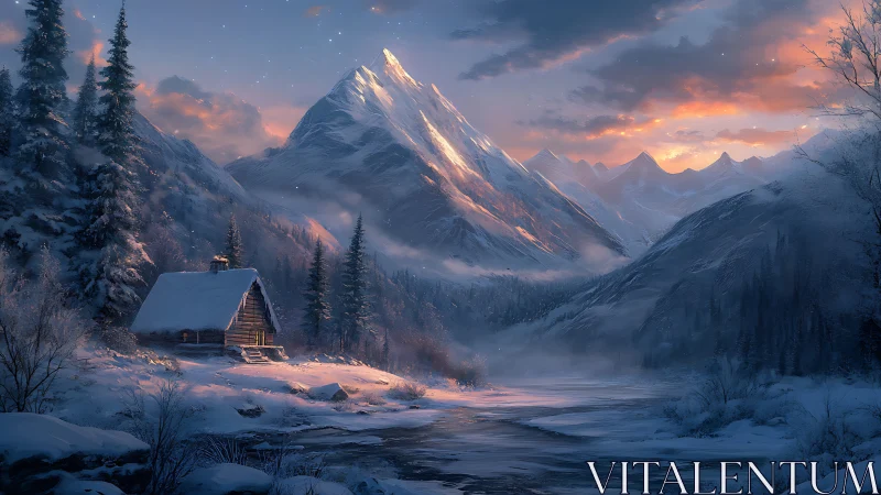 Snowy cabin nestles below glowing sunset mountainscape.