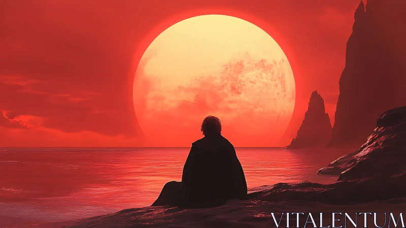 Solitary dreamer before a colossal molten seaside sun.