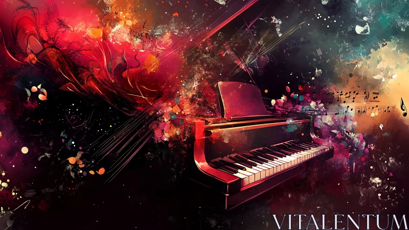 Digital painting grand piano in explosive chromatic motion fields.