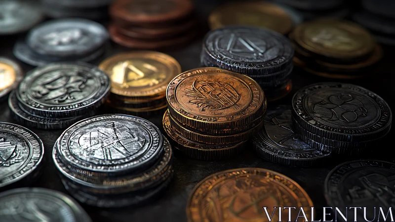 Stacked fantasy coins under raking light emphasize metallic relief