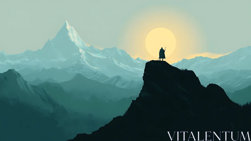 Quiet wanderer greeting the sunrise above icy peaks.