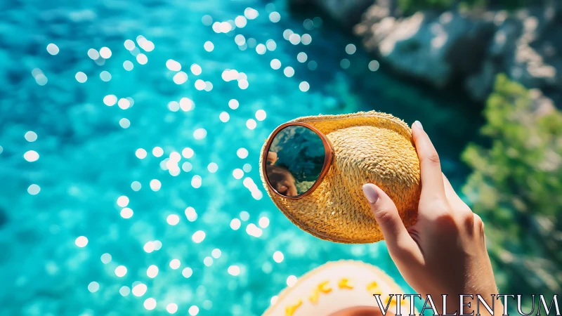 Hand holding straw hat with sunglasses above clear water.