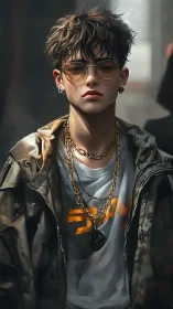 Young male figure in layered streetwear and metal jewelry.