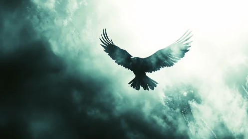 Silhouetted raven ascension in high-contrast digital painting.