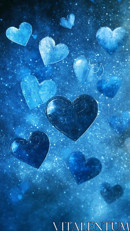 Blue Luminescent Hearts Floating in Starlit Space