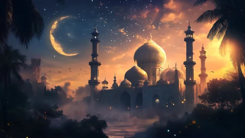 Domed palace and minarets under crescent moon at dusk.