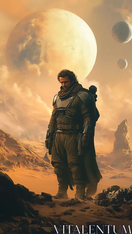 Lone wanderer broods beneath colossal desert planetscape.