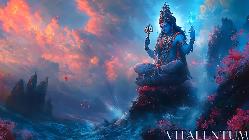 Celestial blue deity levitates above mythic seascape in radiant light