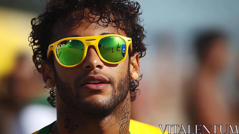 Curly haired man in yellow sunglasses on sunny day.