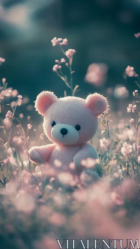 Soft-focus teddy bear portrait in pastel floral meadow vertical.