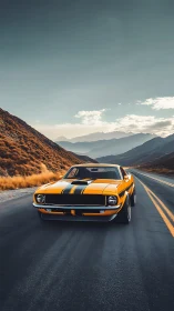 Yellow classic muscle car is parked on an empty highway