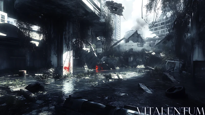 Post-apocalyptic flooded overpass with collapsed structures