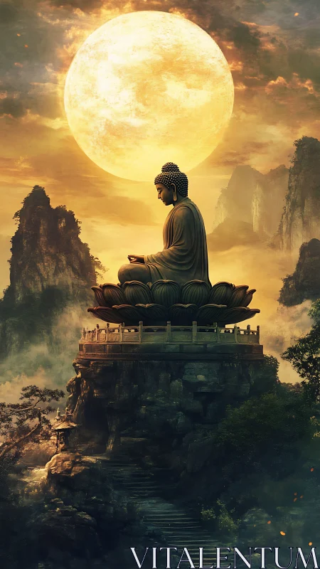 Moonlit Buddha adrift on a mountain of whispering stone.